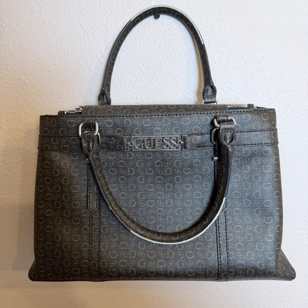 GUESS Monogram Logo Satchel Handbag Brown Silver Tone‎ Hardware Crossbody Bag